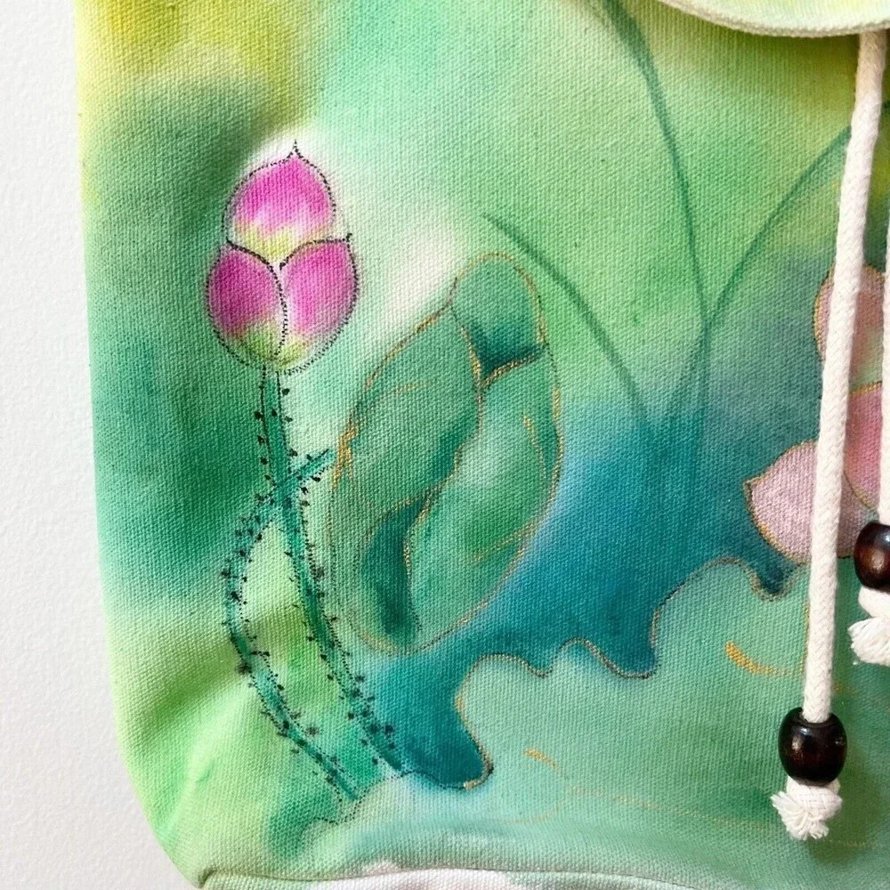 Hand Painted Canvas Backpack Floral Tulip Lily Green